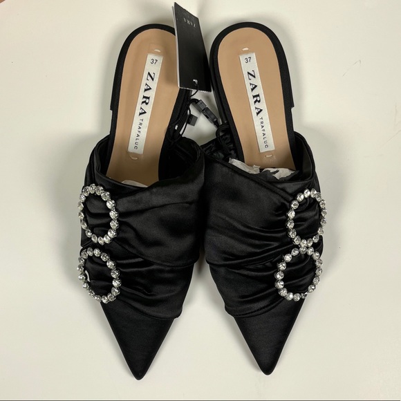 Zara Shoes - ZARA | Jewelled & Pointed Black Satin Mules